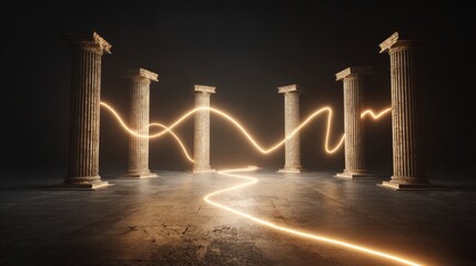 Naklejka premium longevity. A luminous path winding through ancient gates, representing timeless wisdom and longevity. event programs, museum guides, designed for cultural heritage projects and event programs. 