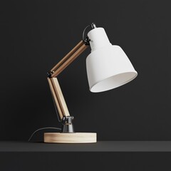 A 3D model of a modern desk lamp on a black background,