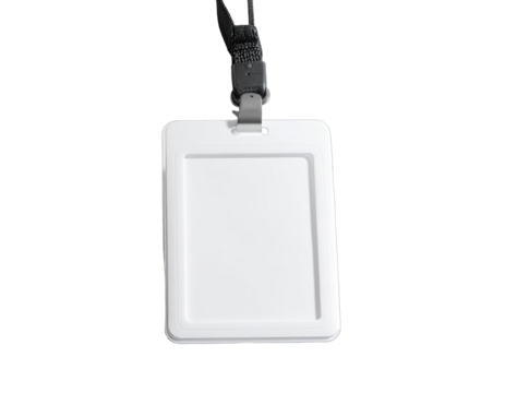 Blank white ID badge hanging on a black lanyard