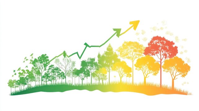 Forest growth, rising graph, autumn leaves, environmental conservation, sustainable future