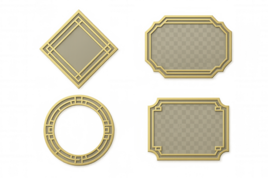 Golden chinese style geometric frames and borders set, luxury decorative design elements, transparent background