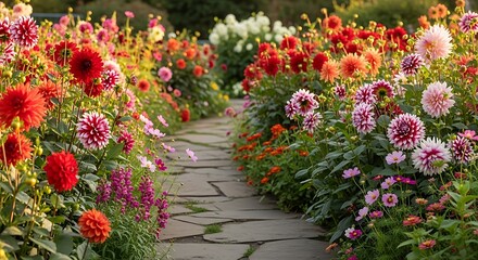 Fototapeta premium Vibrant Flower Garden Path with Blooming Dahlias
