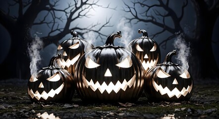 Spooky Halloween pumpkins surrounded by chilling smoke in a dark forest setting