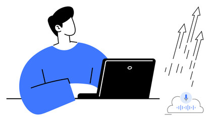 Fototapeta na wymiar Person at laptop focusing on work, cloud with voice assistant symbol, and arrows pointing upwards. Ideal for productivity, innovation, digital communication, technology growth, cloud computing