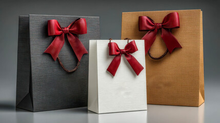 Beautifully wrapped gift bags in various colors with elegant bows ready for special occasions