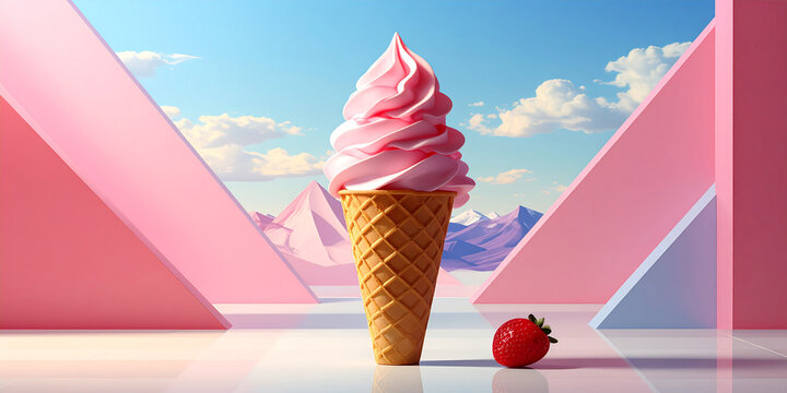 Whimsical Pink Ice Cream Cone with Strawberry Against Pastel Geometric Backdrop