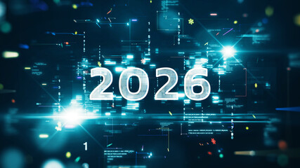 Happy New Year Glowing futuristic numbers 2026 with abstract data streams, neon lights, and digital code background symbolizing technology, innovation, and the future