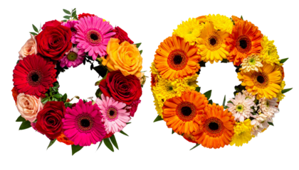  Floral wreath duo featuring mixed bright blossoms arranged in circular patterns, isolated on transparent background