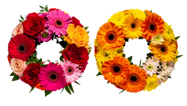  Floral wreath duo featuring mixed bright blossoms arranged in circular patterns, isolated on transparent background