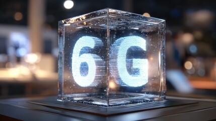 A futuristic display featuring a glowing "6G" inside a transparent cube, showcasing advanced technology and innovation in telecommunications.