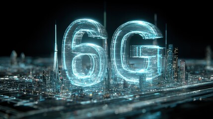 A futuristic digital representation of "6G" technology over a cityscape, showcasing advanced connectivity and innovation.