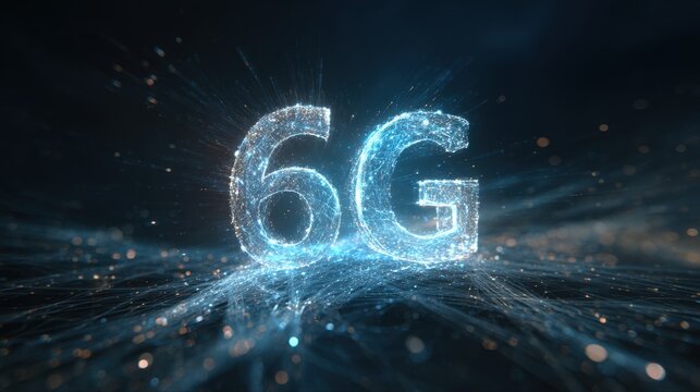 A glowing representation of "6G" amidst dynamic blue particles, symbolizing advanced technology and connectivity. - Powered by Adobe