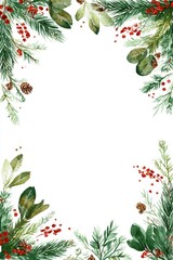 A beautiful watercolor border featuring green foliage, red berries, and pinecones, perfect for festive designs or holiday-themed stationery.