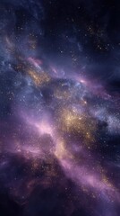 A stunning cosmic image showcasing vibrant colors of purple, black, and gold, depicting a star-filled galaxy with swirling nebulae.