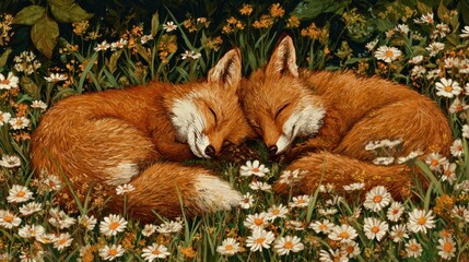 Two sleeping foxes nestled among daisies, showcasing a peaceful and serene moment in nature's embrace.