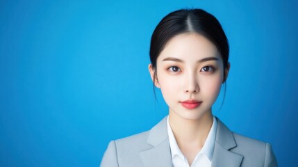 A young professional woman poses confidently against a bright blue background, showcasing her polished appearance and modern style.