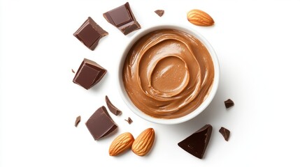 A delicious arrangement of creamy nut butter, chocolate pieces, and almonds, perfect for satisfying sweet cravings and enhancing culinary creations.