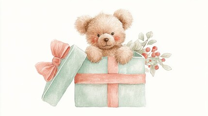 A cute bear peeks out of a wrapped gift box adorned with a bow and flowers, capturing a joyful, whimsical essence.
