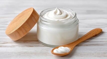 A jar of creamy skincare product with a bamboo lid, alongside a wooden spoon, displayed on a rustic wooden surface.