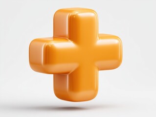 A glossy, orange 3D plus sign floats against a light background, symbolizing addition or medical themes.