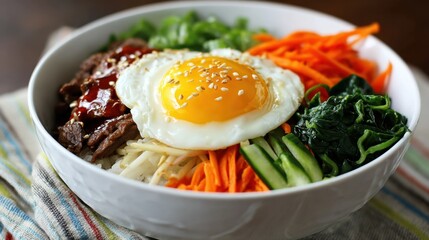 A colorful bowl of bibimbap featuring rice, assorted vegetables, a fried egg, and beef, garnished with sesame seeds.