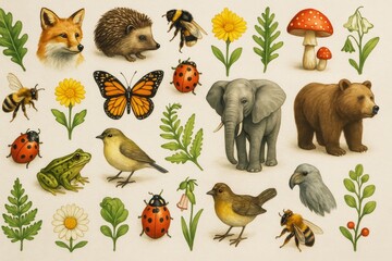 Collection of forest animals, insects, birds, and plants on light background in detailed hand-drawn style for nature and biodiversity concept. Ai generative