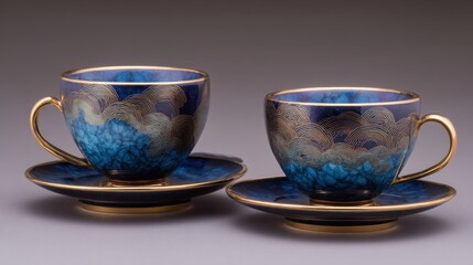 Elegant blue porcelain teacups with intricate gold detailing, resting on matching saucers, showcasing fine craftsmanship and artistic design.