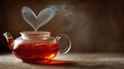 A glass teapot with steaming tea forms a heart shape in the air, creating a warm and inviting atmosphere.