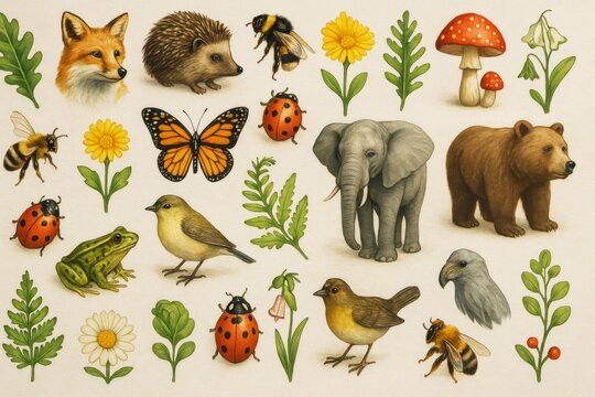 Collection of forest animals, insects, birds, and plants on light background in detailed hand-drawn style for nature and biodiversity concept. Ai generative