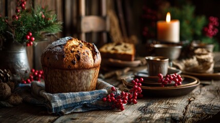 A cozy holiday scene featuring a festive cake, surrounded by seasonal decorations, warm candlelight, and rustic tableware, evoking a sense of comfort and celebration.