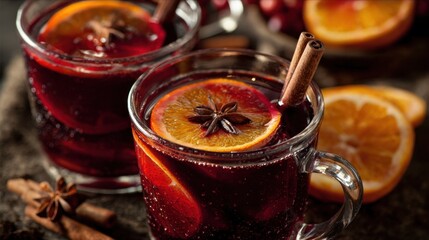 Two steaming mugs of spiced red drink, garnished with orange slices and cinnamon sticks, evoke a cozy, inviting atmosphere.