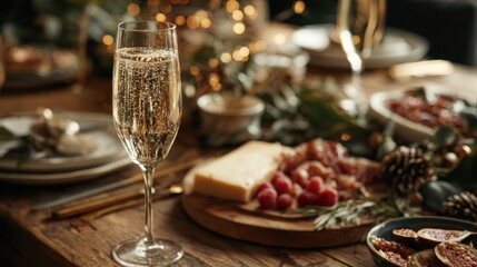 A sparkling champagne glass sits elegantly on a festive table, adorned with cheese, fruits, and twinkling lights, creating a warm, celebratory atmosphere.