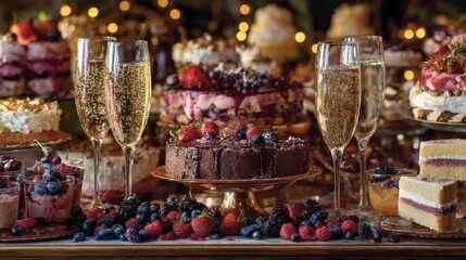 A lavish dessert display featuring an array of cakes, pastries, and berries, complemented by sparkling drinks, perfect for celebrations or special occasions.