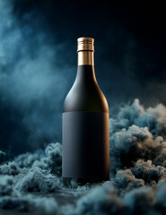 Dark blue wine bottle with blank black label surrounded by smoke on ground
