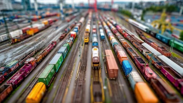 Overhead view of numerous freight trains on multiple railway tracks