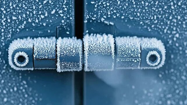 Close Up of a Frozen Combination Lock with Snowflakes on Metal Surface in a Dimly Lit Setting Representing Cold Temperature Security in Shades of Blue and White Tone