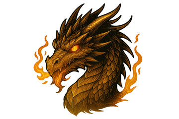 Fiery dragon head breathing fire with glowing eyes