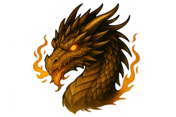 Fiery dragon head breathing fire with glowing eyes