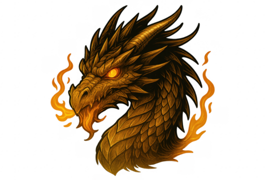 Fiery dragon head breathing fire with glowing eyes