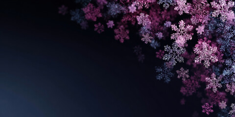 Obraz premium Shimmering violet snowflakes cluster on dark gradient with wide copy space left, crisp crystals in focus and bokeh behind on the right, dreamy winter atmosphere