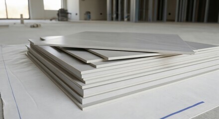 Stack of light grey ceramic tiles ready for installation on a construction site floor during an interior renovation project