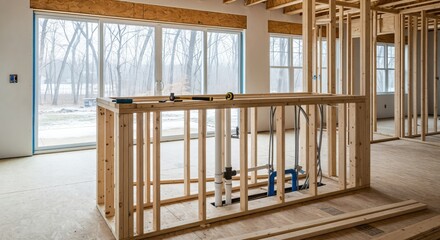 Unfinished home interior showing wood stud framing, plumbing pipes, and large windows overlooking a winter landscape