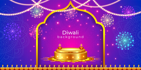 Vector illustration of Diwali background with golden podium and lights social media template