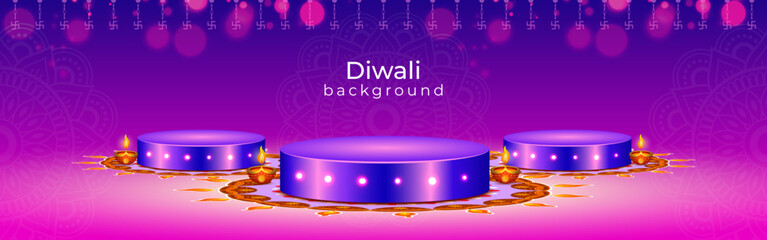 Vector illustration of Diwali background with purple podium and lights social media template