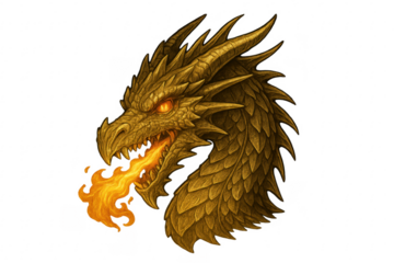 Golden fire breathing dragon head on transparent background