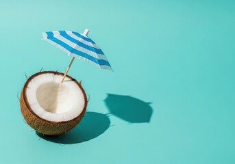 Half coconut with blue striped umbrella on turquoise background with shadow