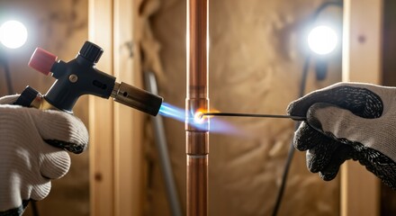 Professional plumber's gloved hands soldering copper water pipes with a gas torch and filler rod during a home renovation or construction project