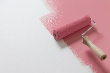 Obraz premium Paint Roller with peach paint banner. painting wall Painting apartment, renovating with trendy peach color paint. Decoration Materials special offer, sale banner.