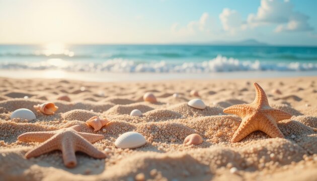 Closeup of starfish and seashells scattered on a sandy beach with gentle waves and a bright sunny sky in the background, evoking a tropical paradise