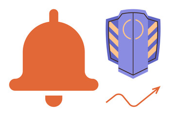 Orange notification bell, striped security shield, and red rising arrow symbolizing alerts, protection, and success. Ideal for technology, finance, communication, security achievement progress